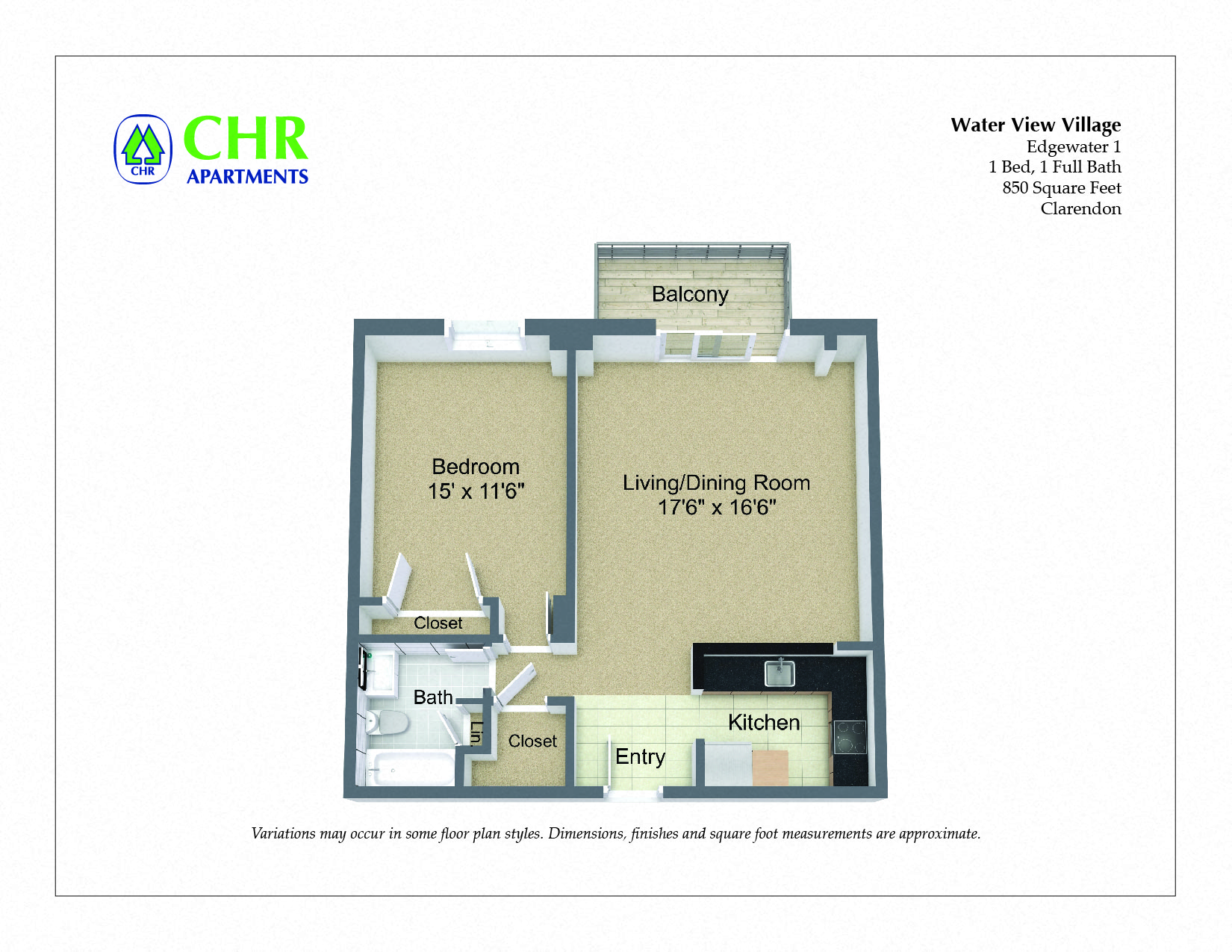Floor plan for 1 bed, 1 bath, 850 sqft